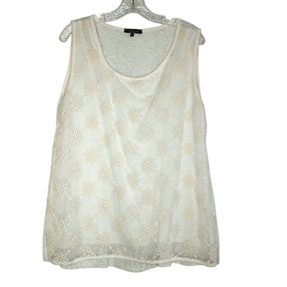 Piazza Roma Ivory Embroidered Lace & Knit Linen/Cotton Tank Top, Size M, Boho - Picture 1 of 9